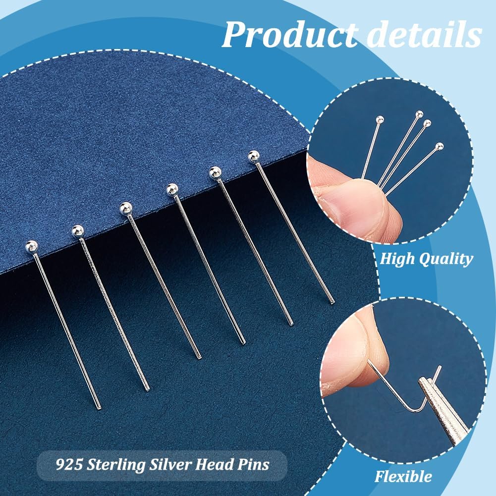 PH PandaHall 60pcs 925 Sterling Silver Ball Head Pins, 20mm Jewelry Making Pins Headpin 24 Guage Bendable Pins for Beading Dangle Earring Bracelet Necklace Jewelry DIY Crafts, Ball 1.5mm