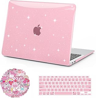 Compatible with MacBook Air 13 inch Case 2022 2021 2020 2019 2018 Release A2337 A2179 A1932 Touch ID, Glitter Plastic Hard Shell Case + Keyboard Cover + 50 PCS Laptop Stickers, Sparkly Pink
