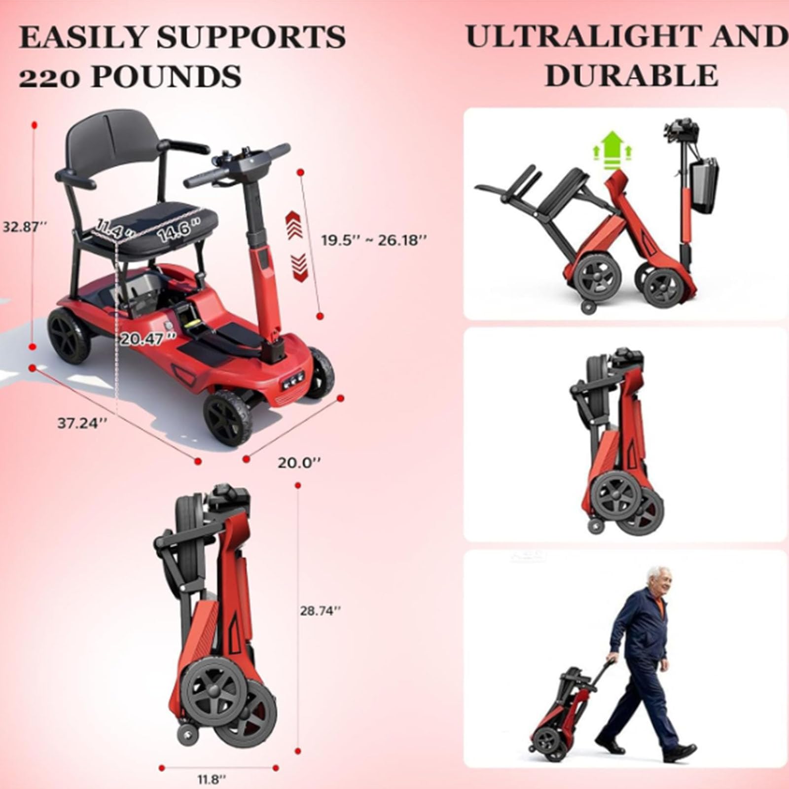 BCBKD Scooters De Movilidad para Adultos,Scooter De Movilidad Plegable Y Ligero De 4 Ruedas, Equipado con Freno Electromagnético,para Personas Mayores, Adultos Y Personas con Discapacidad,8AH