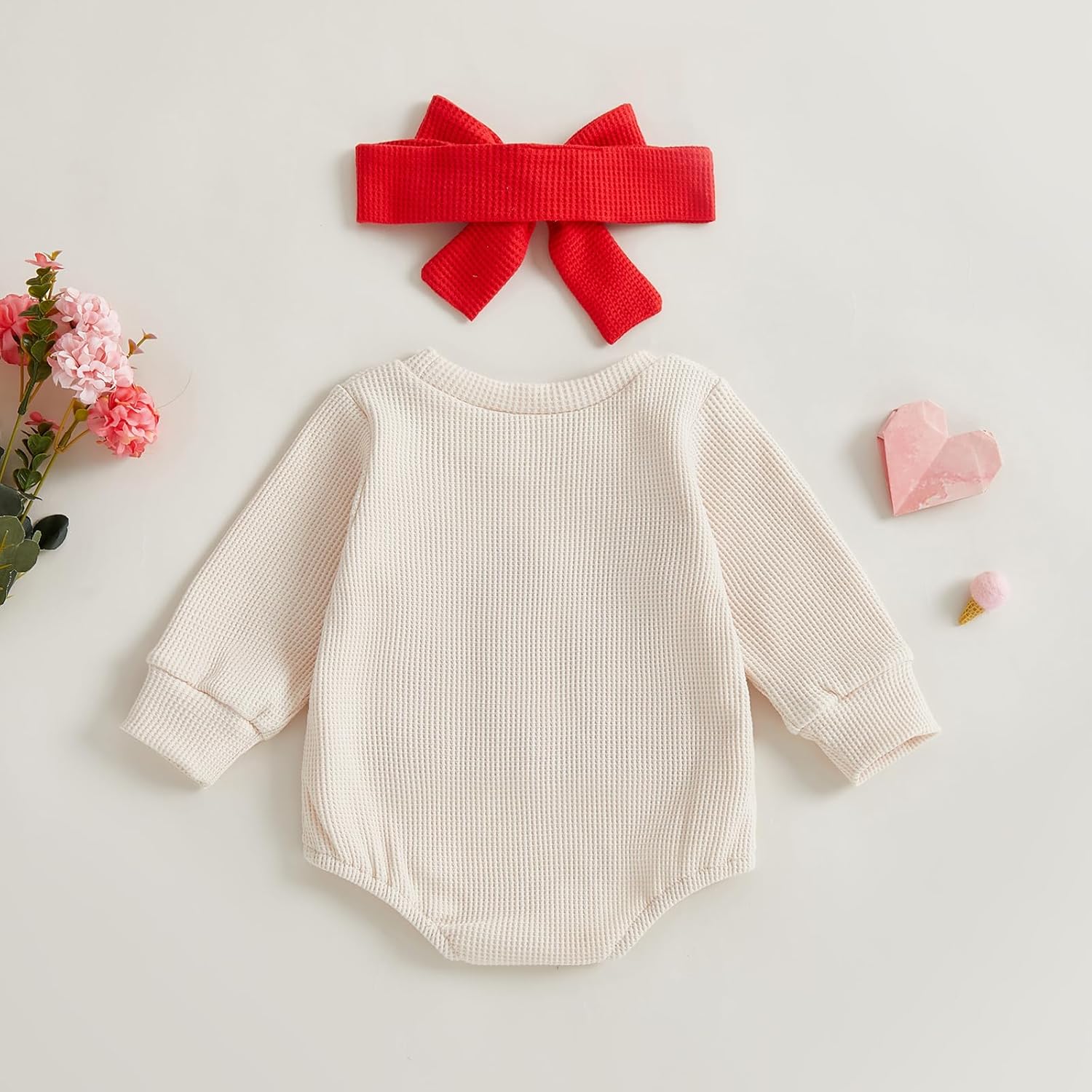 YINGISFITM Baby Girl Valentines Outfit Newborn Valentines Sweasthirt Shirt Bubble Romper Waffle Knit Onesie Spring Clothes - Image 6