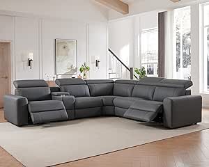 AMERLIFE Power Recliner Sofa with Console & Dual Recliner, Leather Sectional Couch, Grey