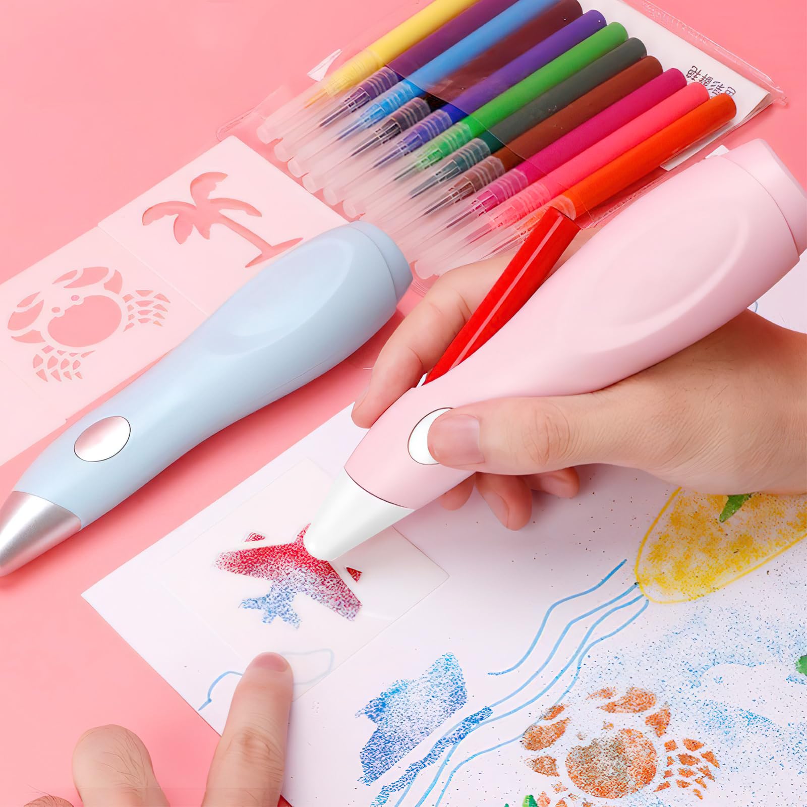 Aerógrafo Eléctrico Para Niños - Con 12 Rotuladores Lavables Y 30 Plantillas