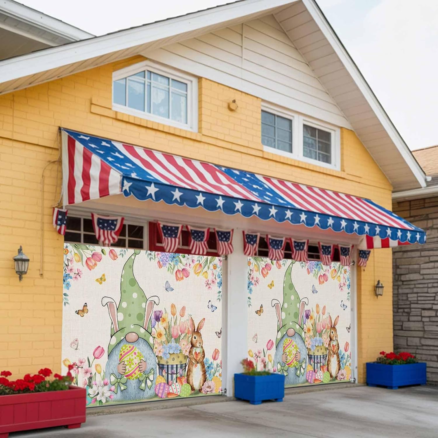 Garage Door Banner 7x16ft, Farm Gnome Rabbit Retro Linen Garage Door Cover Large Backdrop Banners for Outdoor Indoor Party Holiday Birthday Yard Easter Egg Flower Butterfly