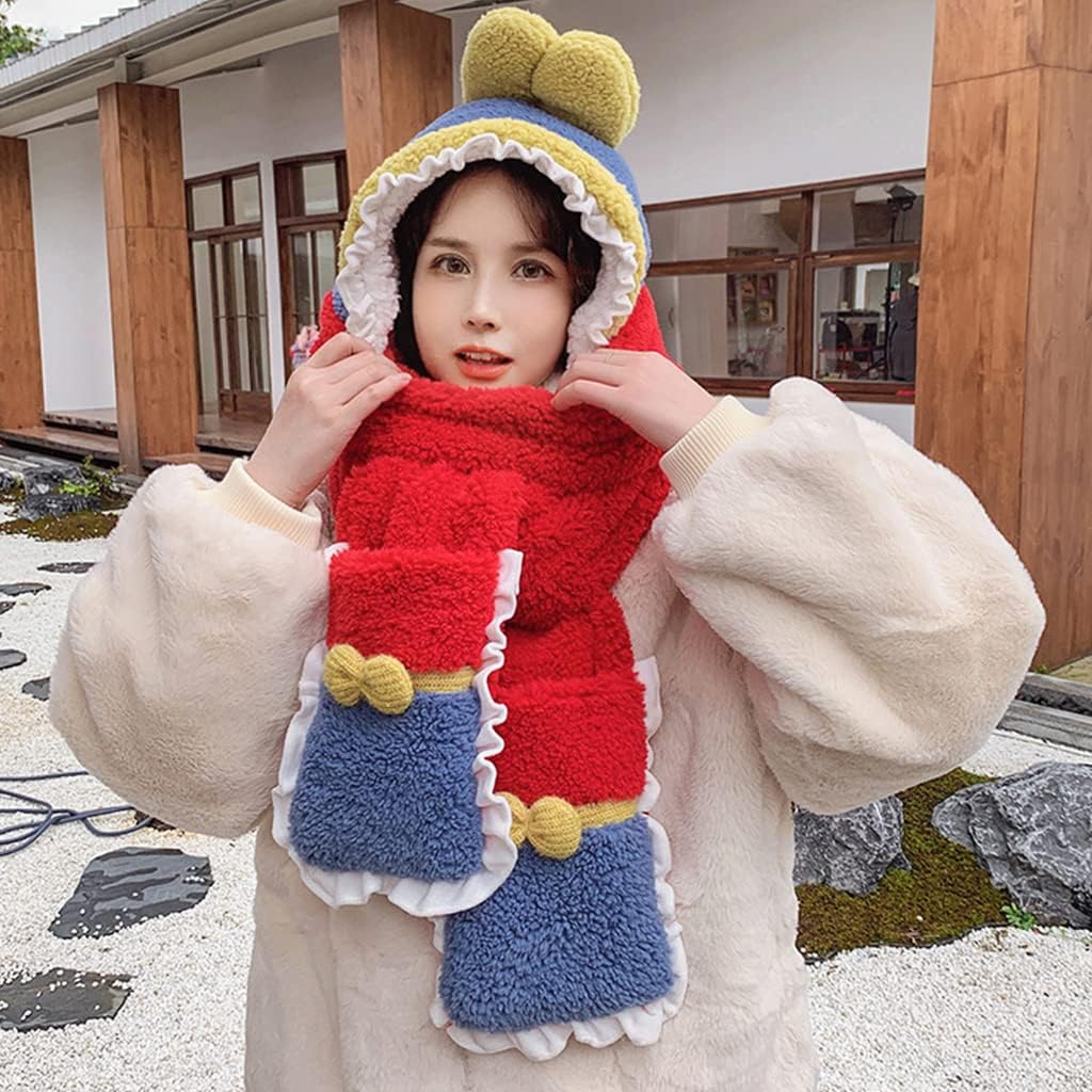Scarf,Scarf Plush Scarf Hooded Hat Bows Winter Hat Scarf Gloves Set Fleece Warm Windproof Cap for Head Warmer Fleece Scarf(Red)
