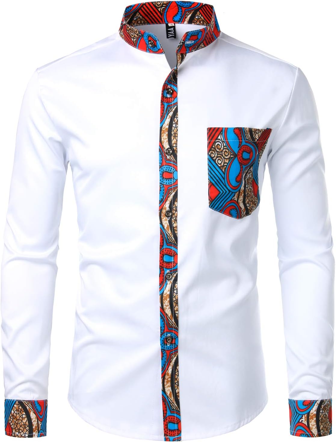 ZEROYAA Men's Slim Fit African Tribal Graphic Long Sleeve Button-Up Shirt Mandarin Collar