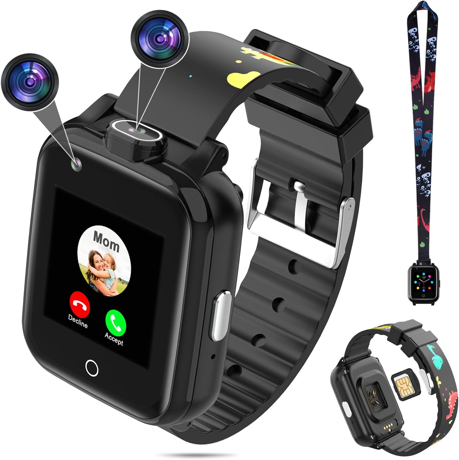 4G GPS Watches for Kids, Smart Watches Children's Mini Cell Phone with Dual Camera, Calling, SOS, Life Water Resistant 2-Style Cartoon Straps for 3-12 Years Boys Girls Birthday Xmas Gifts (Black)