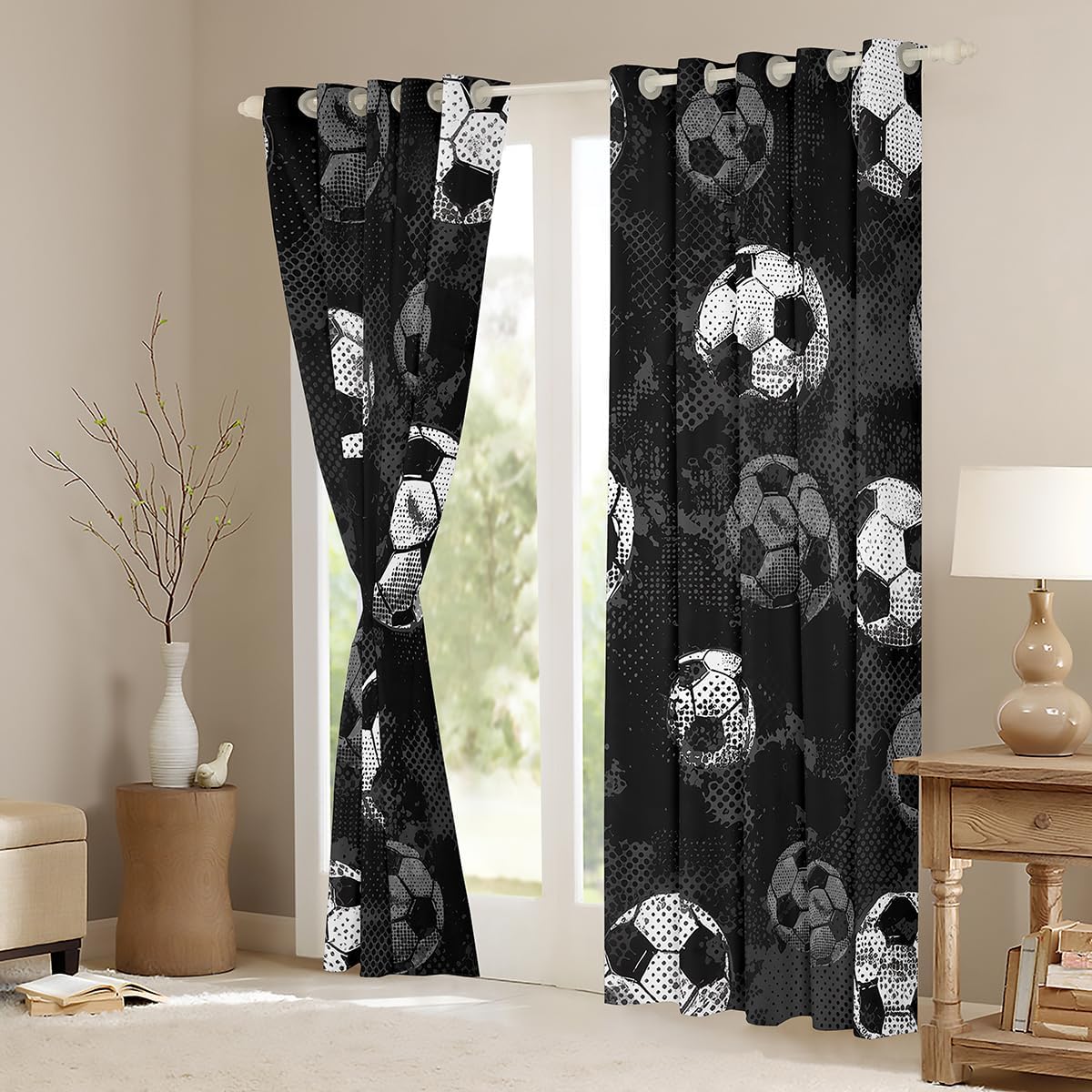Erosebridal Soccer Blackout Curtains Football Curtains for Boys Sports Curtains & Drapes 104Wx63L Ball Game Themed Room Decor Girls Teens Gray Black Window Treatments Luxury for Bedroom Aesthetic