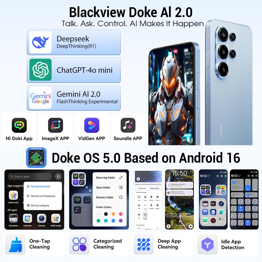 Blackview Wave 10C Android 16 Smartphone sbloccato AI, 16GB+32GB/1TB TF Telefono Cellular Economici, Fotocamera AI 32MP+13MP, 5000mAh, 6.88" HD+, 4G LTE/WiFi 5/GPS/OTG/FM/Custodia inclusa,Nero