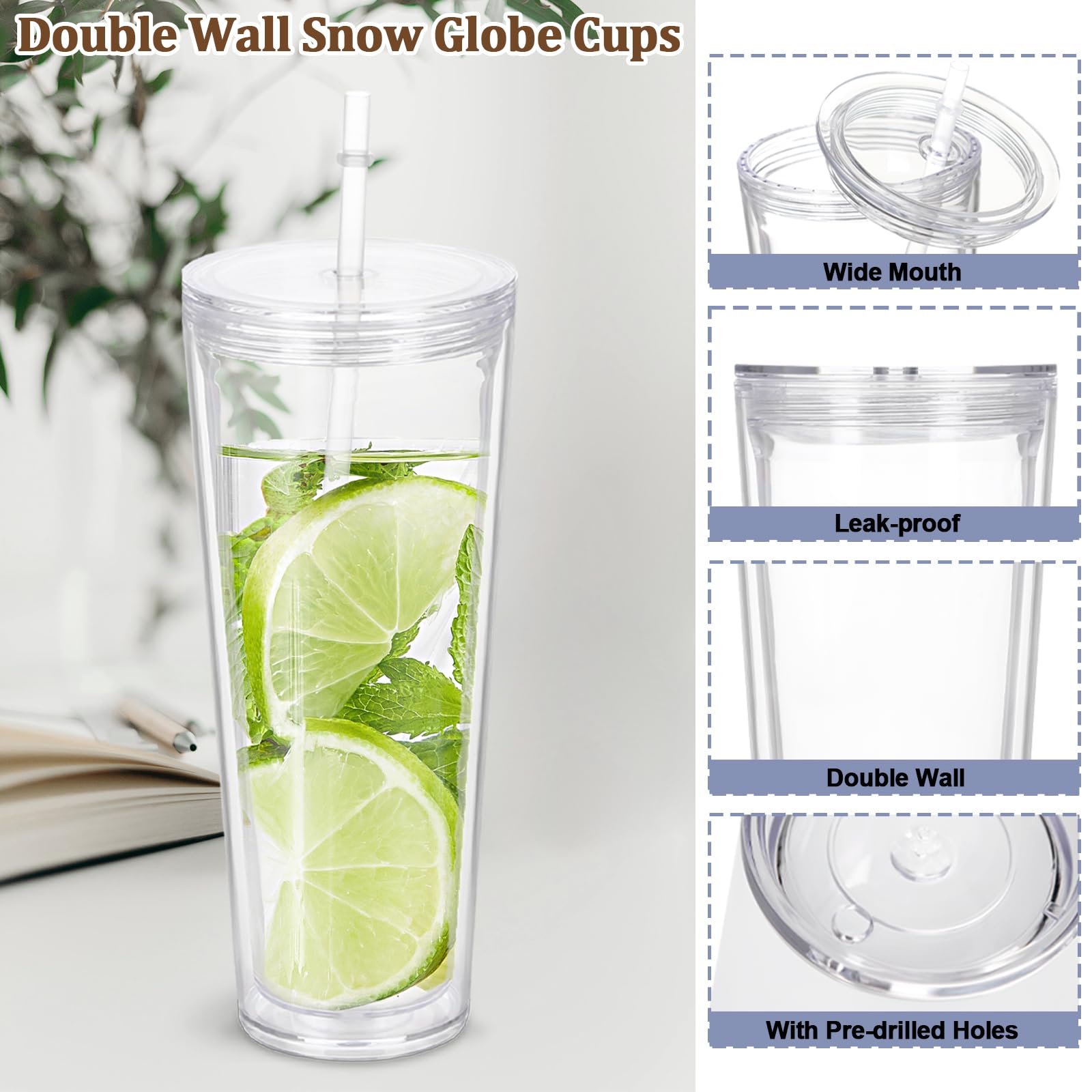 Paquete de 8 vasos de globo de nieve de 24 onzas, vaso de globo de nieve acrílico de doble pared con agujero preperforado, tapas, pajitas y enchufe, tazas reutilizables de acrílico transparente para