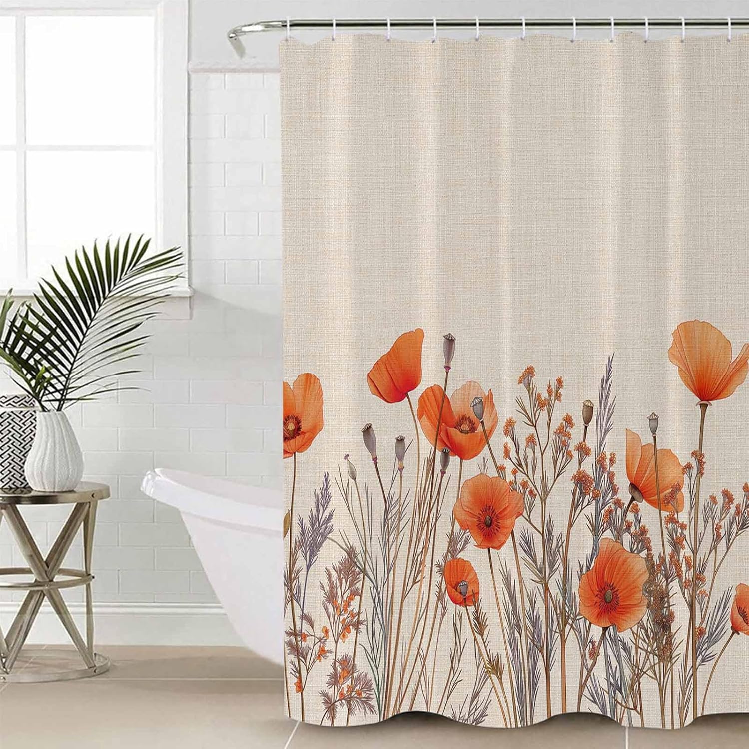 Floral Shower Curtain Orange Poppy Flowers Watercolor Plants Retro Linen Bath Curtain for Bathroom Shower Curtain Waterproof Fabric Shower Curtains Set with Hooks, 72x78 Inch