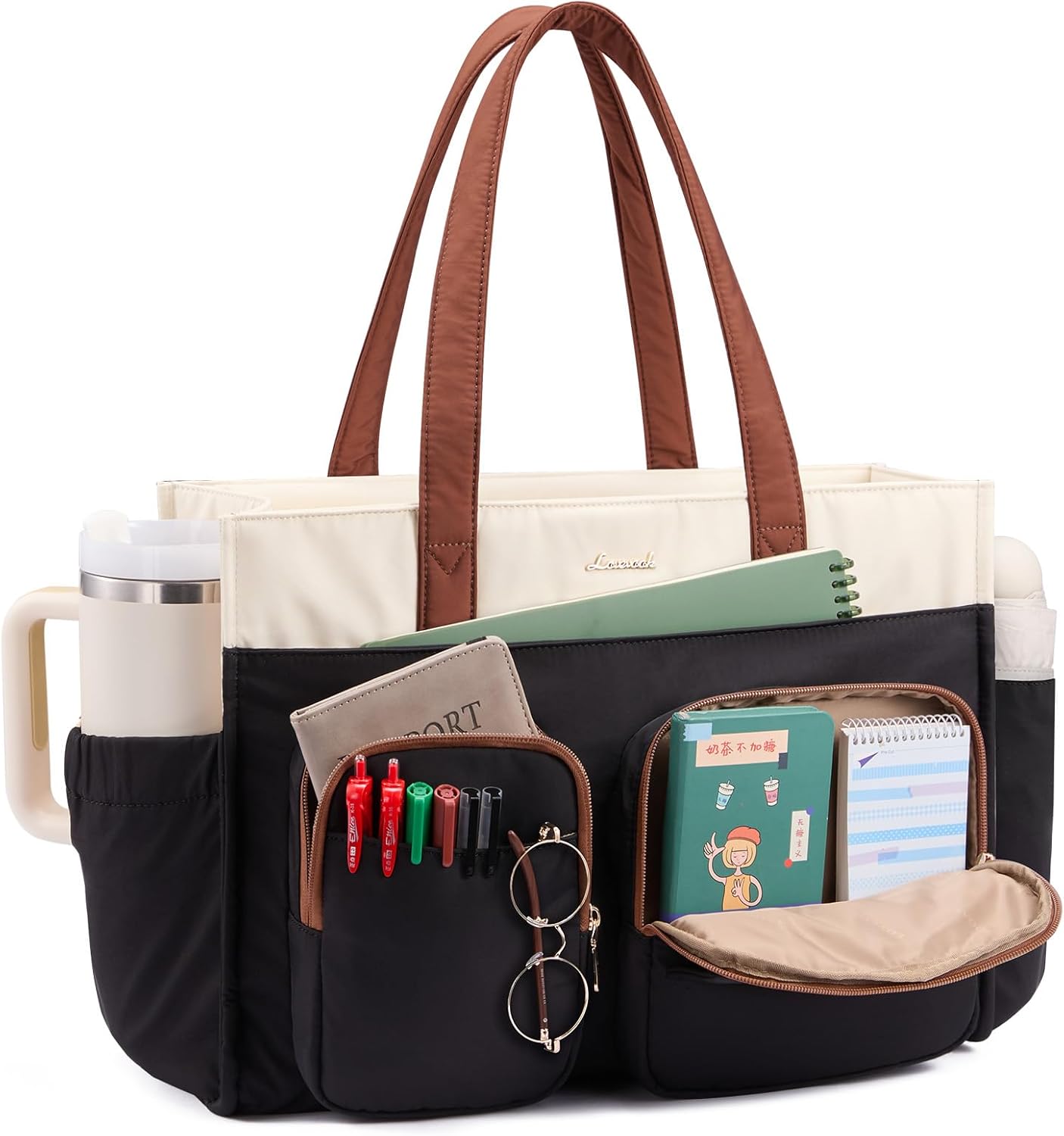 LOVEVOOK Teacher Tote Bag for Women,Multi-pocket Laptop Bag with Large Cup Holder,Nurse Bags Work Travel Computer Handbag 15.6 inch Black Cream Brown