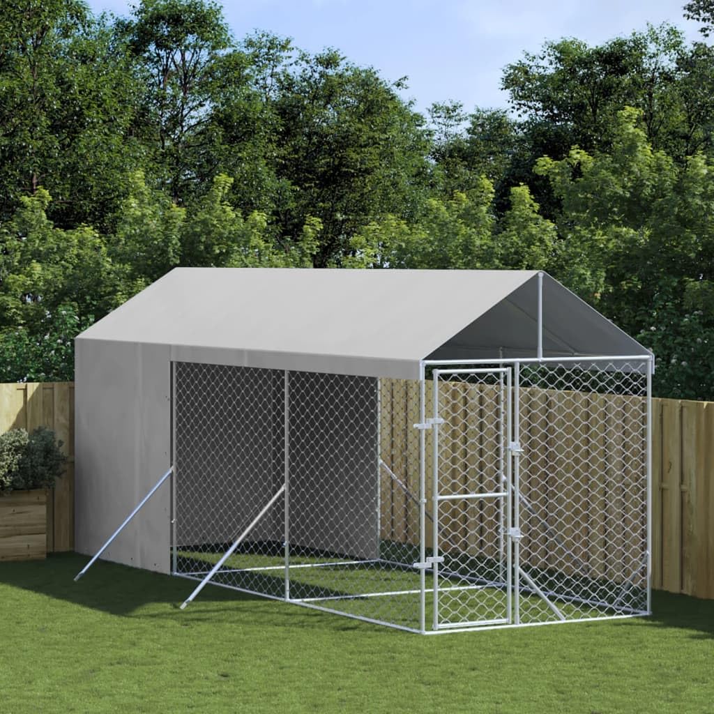 Zewnętrzny buda dla psów z dachem, 2 x 6 x 2,5 m, ocynkowana stal, kojec dla psów, szczeniaków i małych zwierząt, srebrny