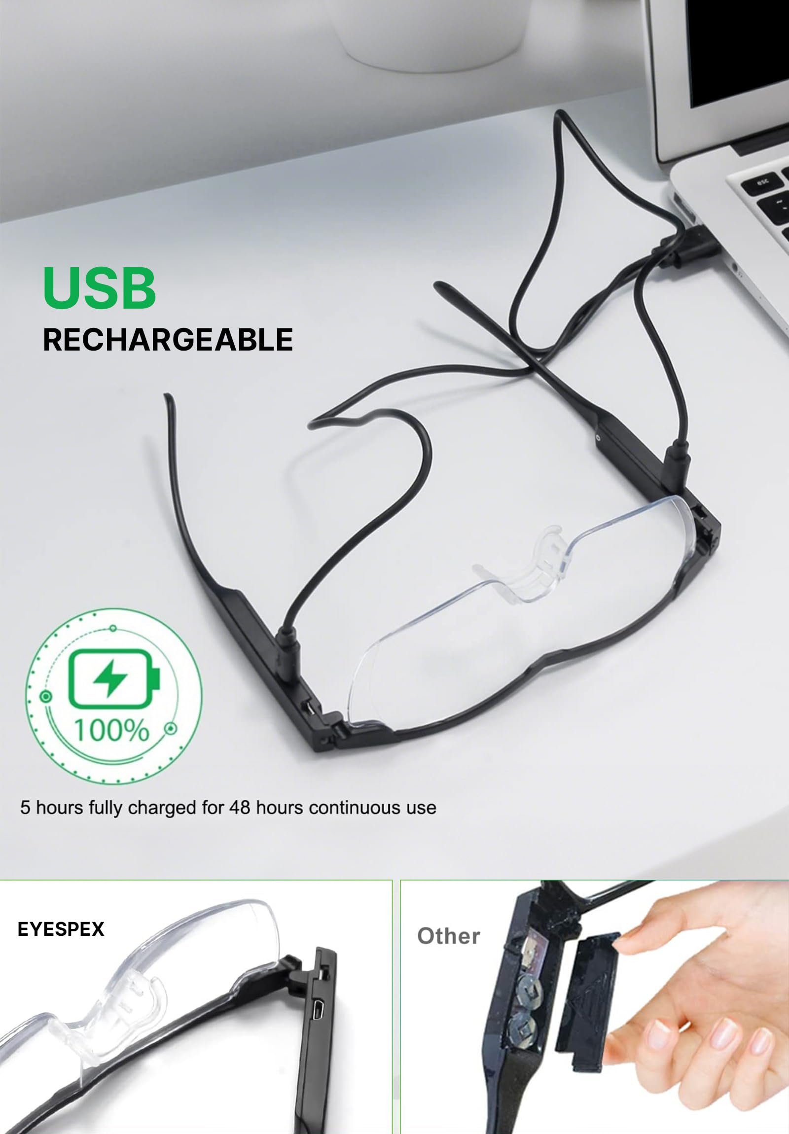 Loupes grossissantes 200 % avec lumière et lumière – Rechargeables – Lunettes de vue mains libres pour travail de rapprochement, artisanat, bijoutiers, lecture, loisirs (noir, 1,6X)