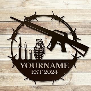 Personalized Guns Pistols Shotguns Name Signs, Custom Shed Wall Decor, Black Metal Wall Art, Home Signs Plaques, Outdoor Decorative Signage (Style C)