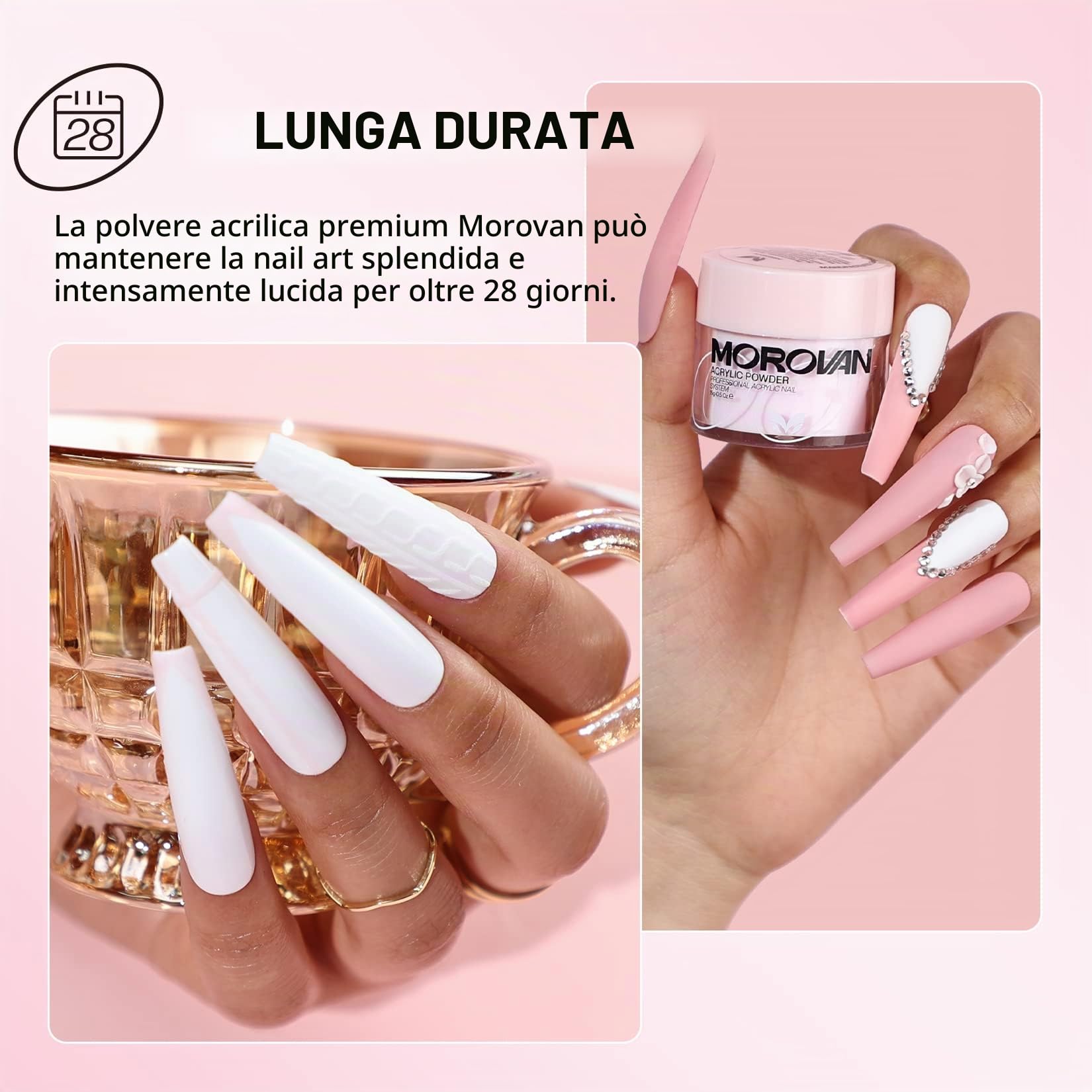 Morovan Polvere acrilica per unghie, 3 colori e 3 pennelli professionali, kit per principianti nail art