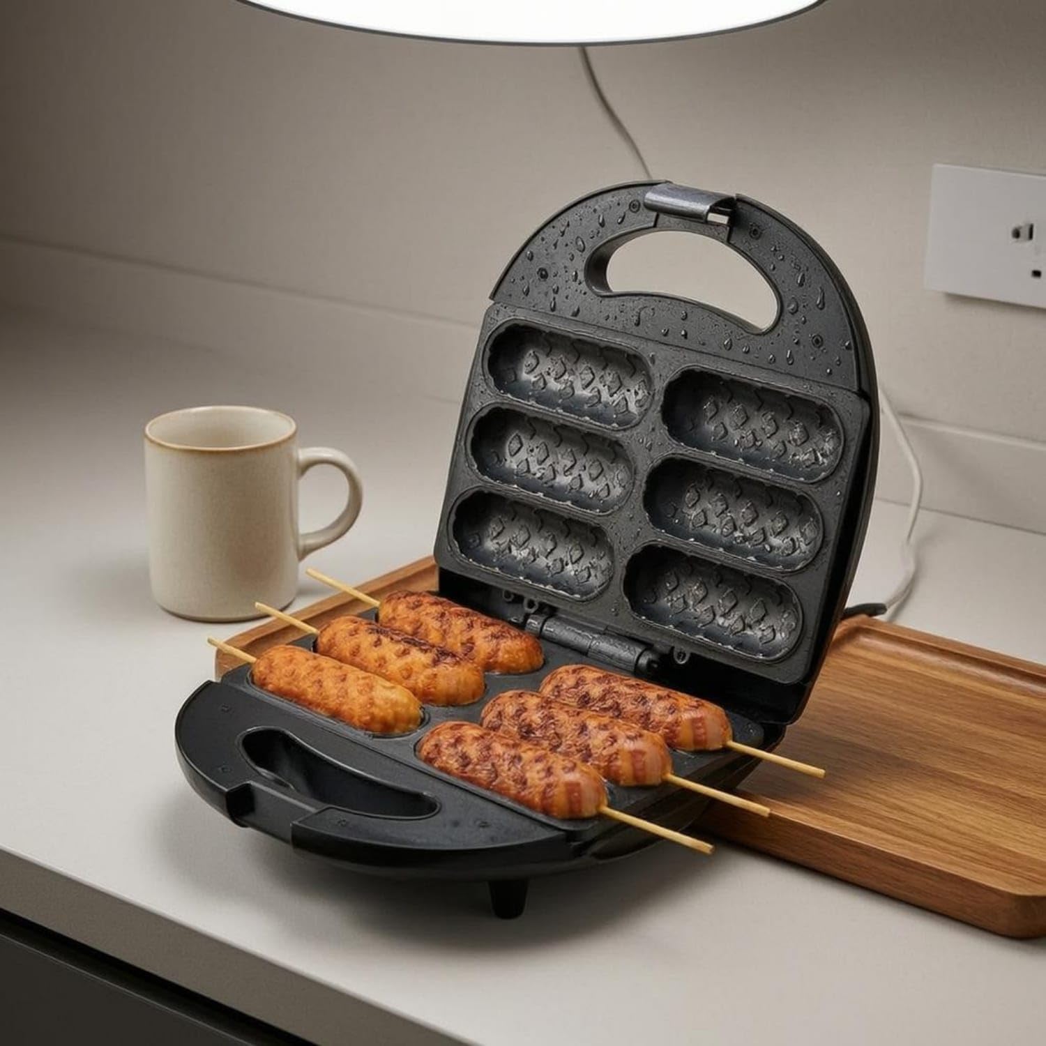 Double-Sided Heating Corn Dog Maker Non-Stick Coating H | Double-Sided Heating Corn Dog Maker Non-Stick Coating Hot Grill Six-Slot Clamshell Hinged Eu Plug-image-48