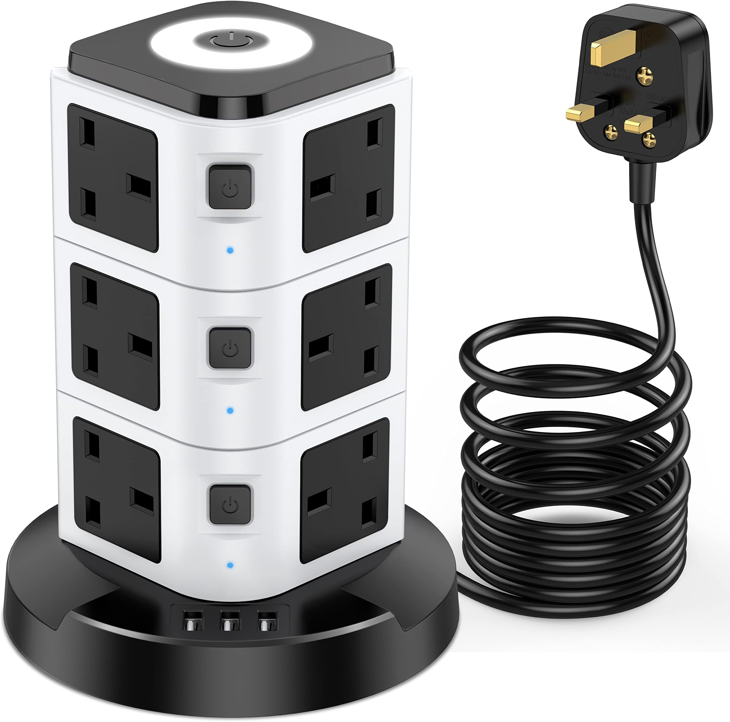 Tower Extension Lead with USB Slots and Night Light, Acodot 12 Way Multi Plug Extension & 3 USB Slots,Surge Protection Extension Lead 3M of Pure Copper Wire for Home, Office