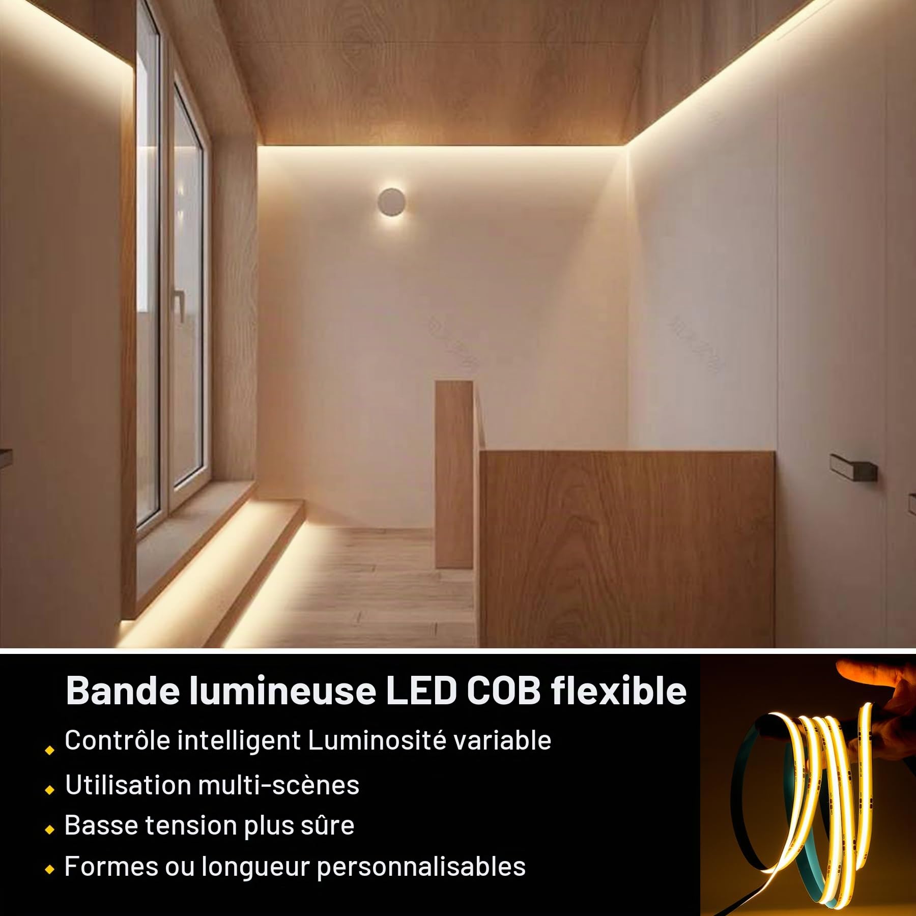 24V ruban led cob 10m,naturel 4000K,Avec gradation à distance