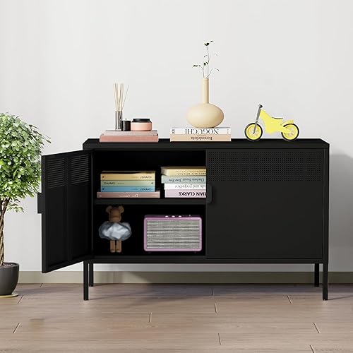 COFaR Armario de metal negro para cafetería, 39.4 pulgadas de ancho, armario de almacenamiento con 2 puertas decorativas, aparador de buffet para