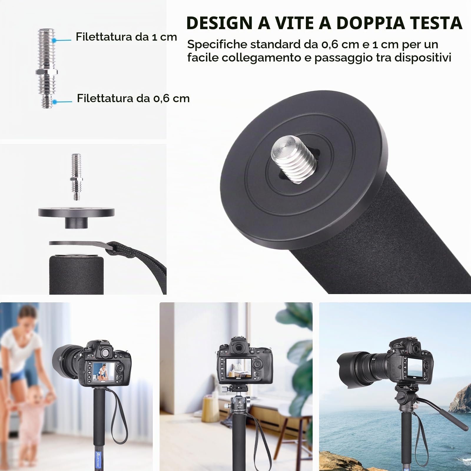 ARTCISE Treppiede da 65"/165 cm, M03C-ST-EU, leggero e portatile, monopiede in fibra di carbonio per DSLR, fotocamera reflex digitale, colore: nero