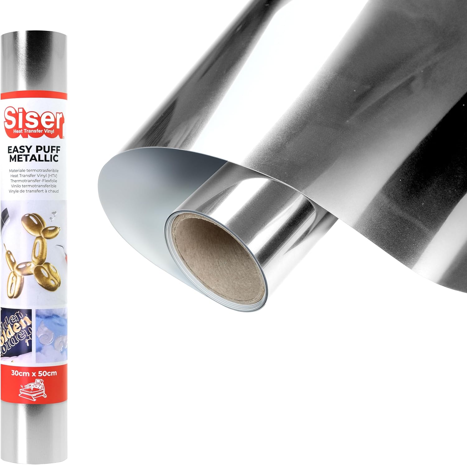 Siser Easy Puff Metallic - Silver Heat Transfer Vinyl 50 x 30 cm, Heat Transfer 3D Effect with Metallic Finish, Compatible with Cutting Plotters