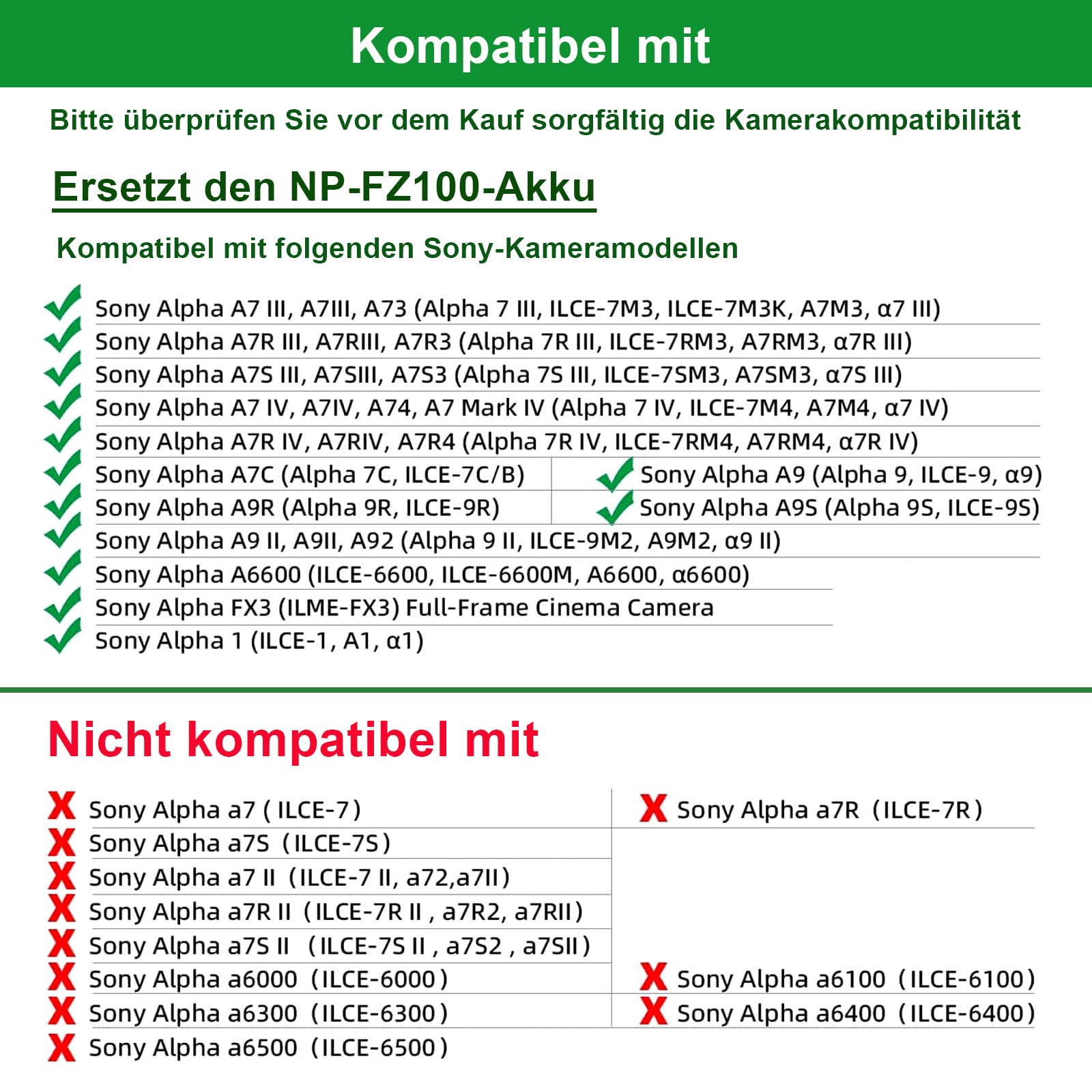 NP-FZ100 A7III A7IV Dummy Akku Adapter Kit für Sony A7 III, A7 IV, A7S III, A7R III, A7R IV, A7R V, A7C, A1, A9, A9 II, A6600, A6700, FX3, FX30, ZV-E10 ii, ZV-E1 Kameras