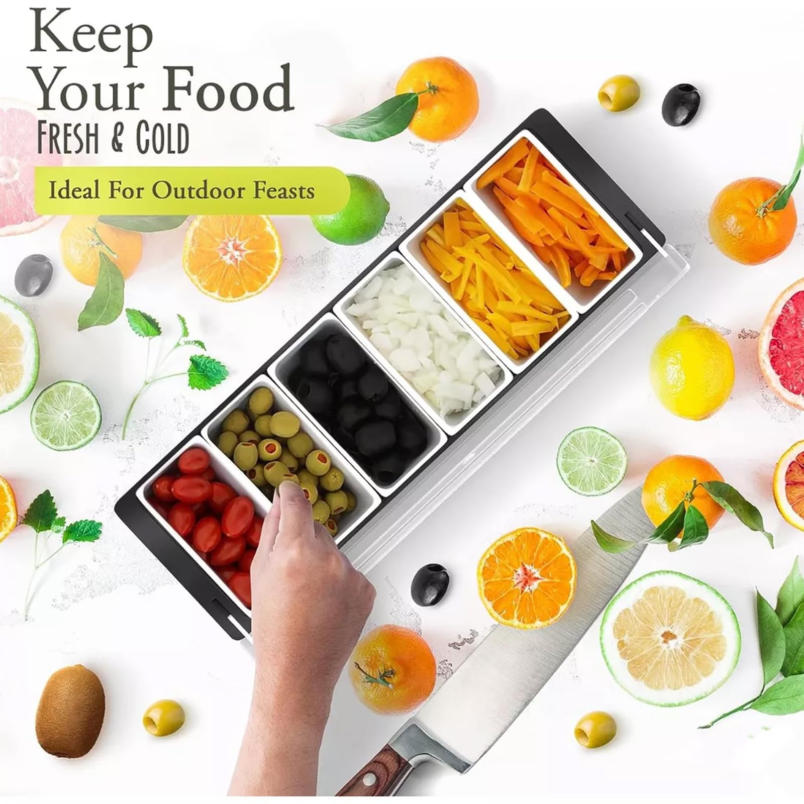 Récipient à condiments glacé avec couvercle - Plateau de service à condiments avec 6 plats amovibles pour fruits, salade, taco, légumes