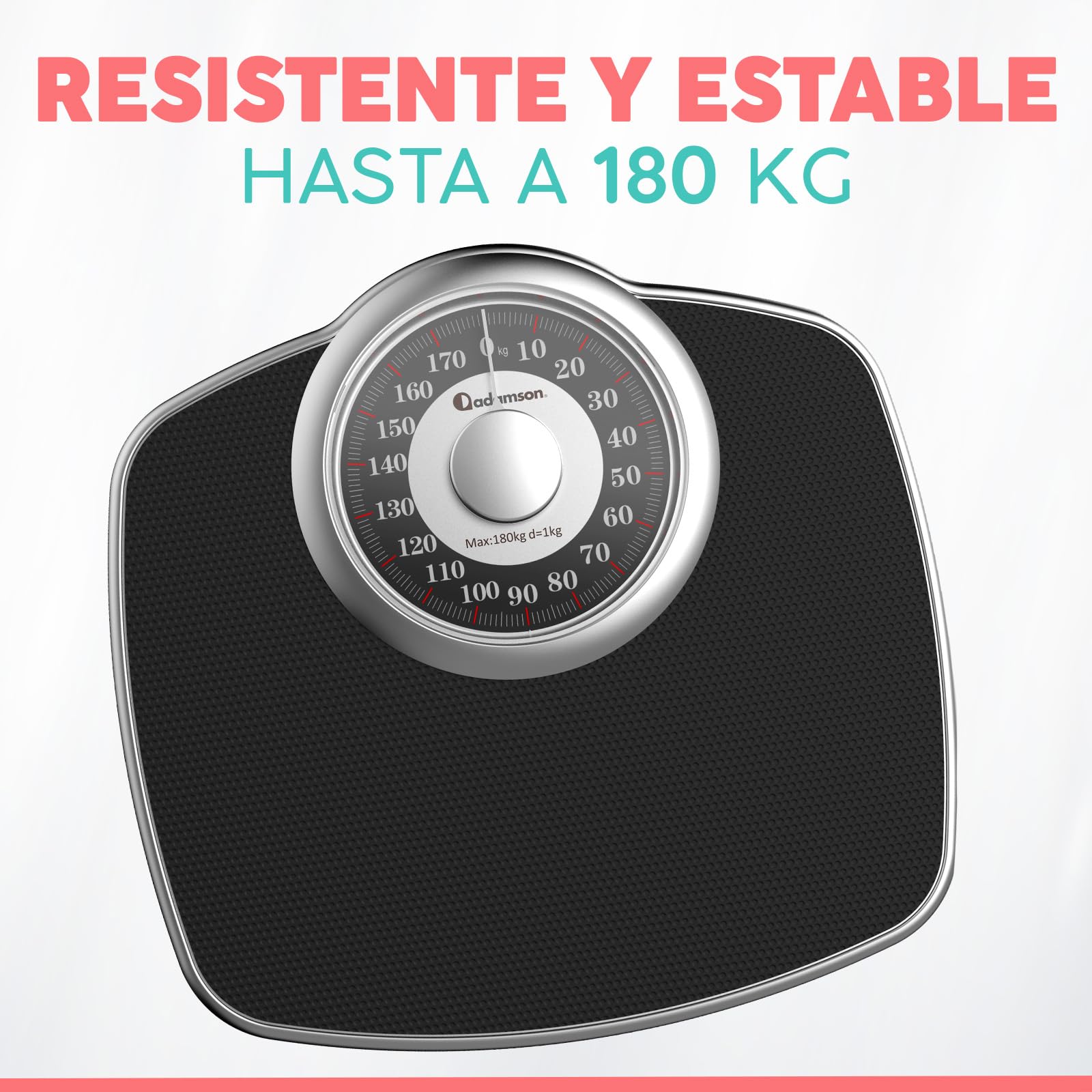 Adamson A25 Báscula Para Peso Corporal - Hasta 180 KG - Esfera de 5,3” en Plataforma de 31x30 CM - Superficie de Goma Antideslizante - Báscula de Baño Analógica - Garantía de 20 Años - Plata