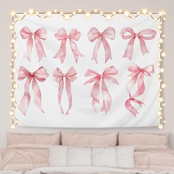 AQYIP Trendy Coquette Pink Bow Tapestry, Preppy Pink Tapestry, Girly Aesthetic Wall Blanket Decor for Girls Room Dorm Apartment Bedroom, 50x60 Inch