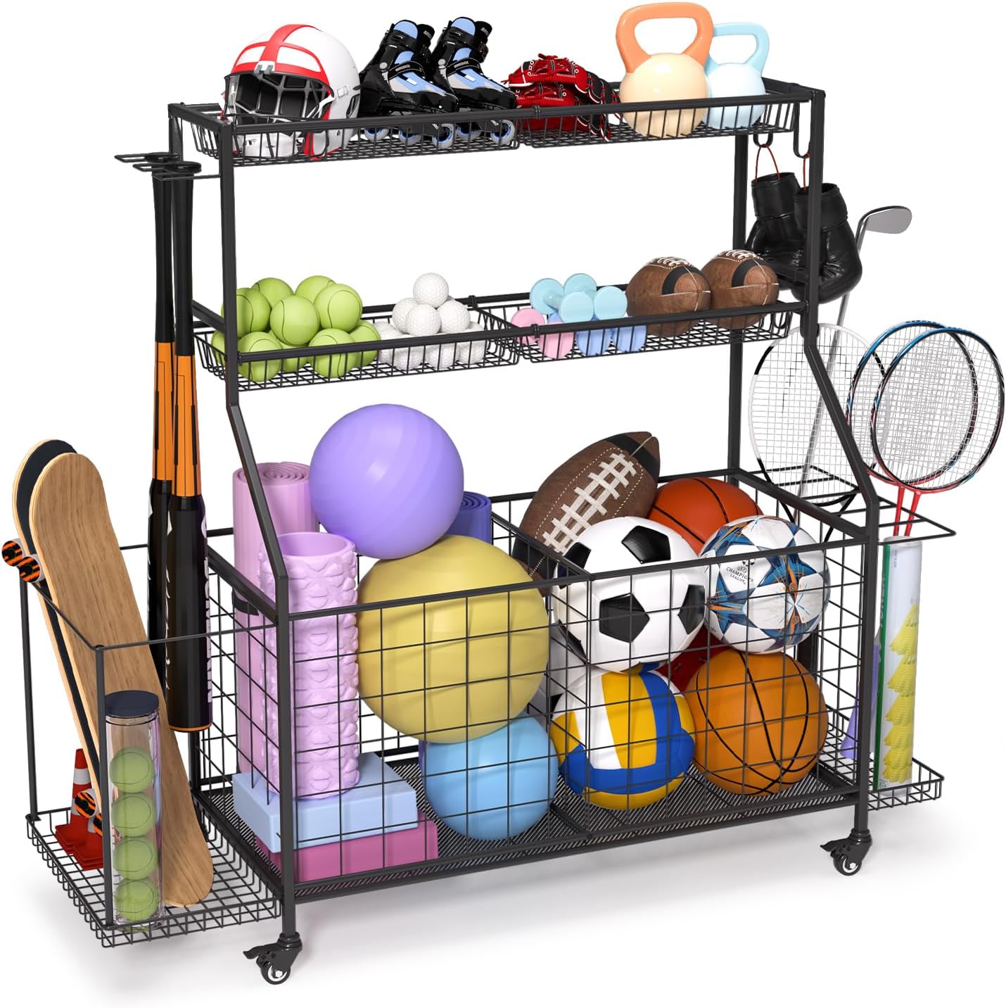 Sports Equipment Organizer, Outdoor Toy Storage - Garage Storage with 2 Side Racks & Removable Baskets, Heavy-Duty Garage Organization Ball Cart with Wheels for Sports