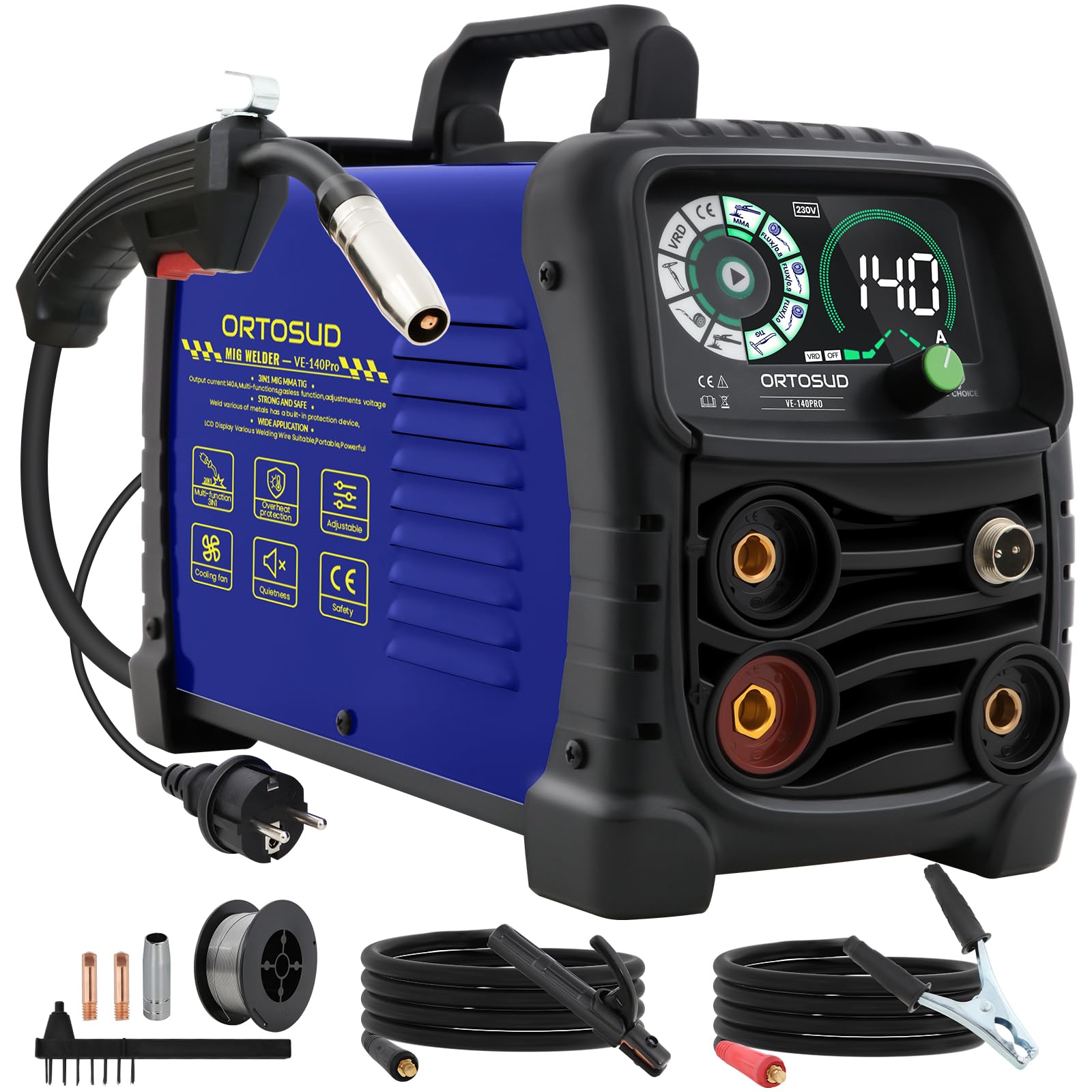 140 A Soldador MIG MAG con Pantalla LED Grande,con Maquina de Soldar TIG ARC/Lift,Exhaust fan,Grupo de Soldar,MÚLTIPLES Protecciones De Seguridad,función de soldadura