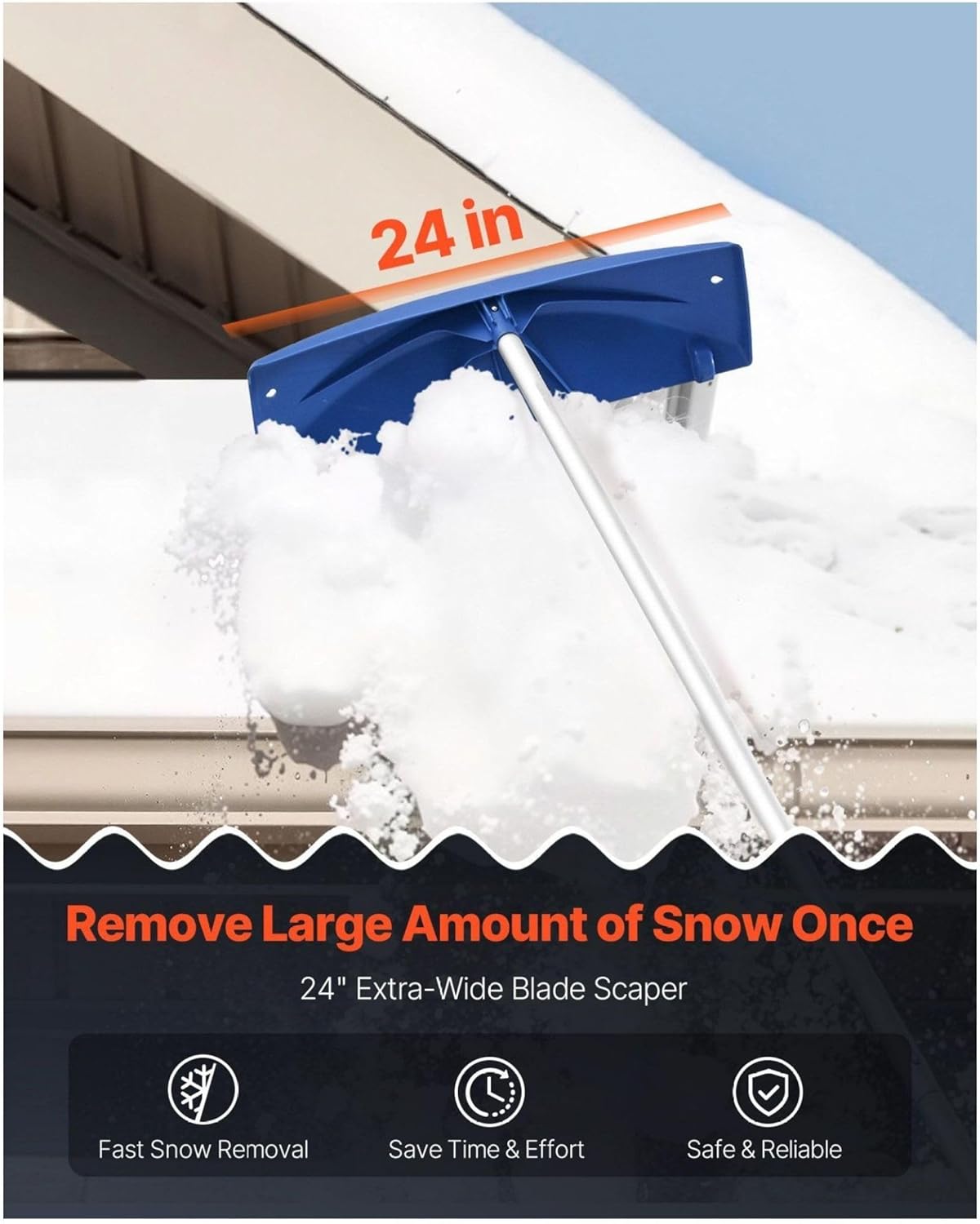 Snow Roof Rake, 24 Inch Blade, 3.8-18.2 ft Adjustable Handle, Wheels, Non-Slip Grip - Snow Removal Tool for Roofs, Leaves & Debris