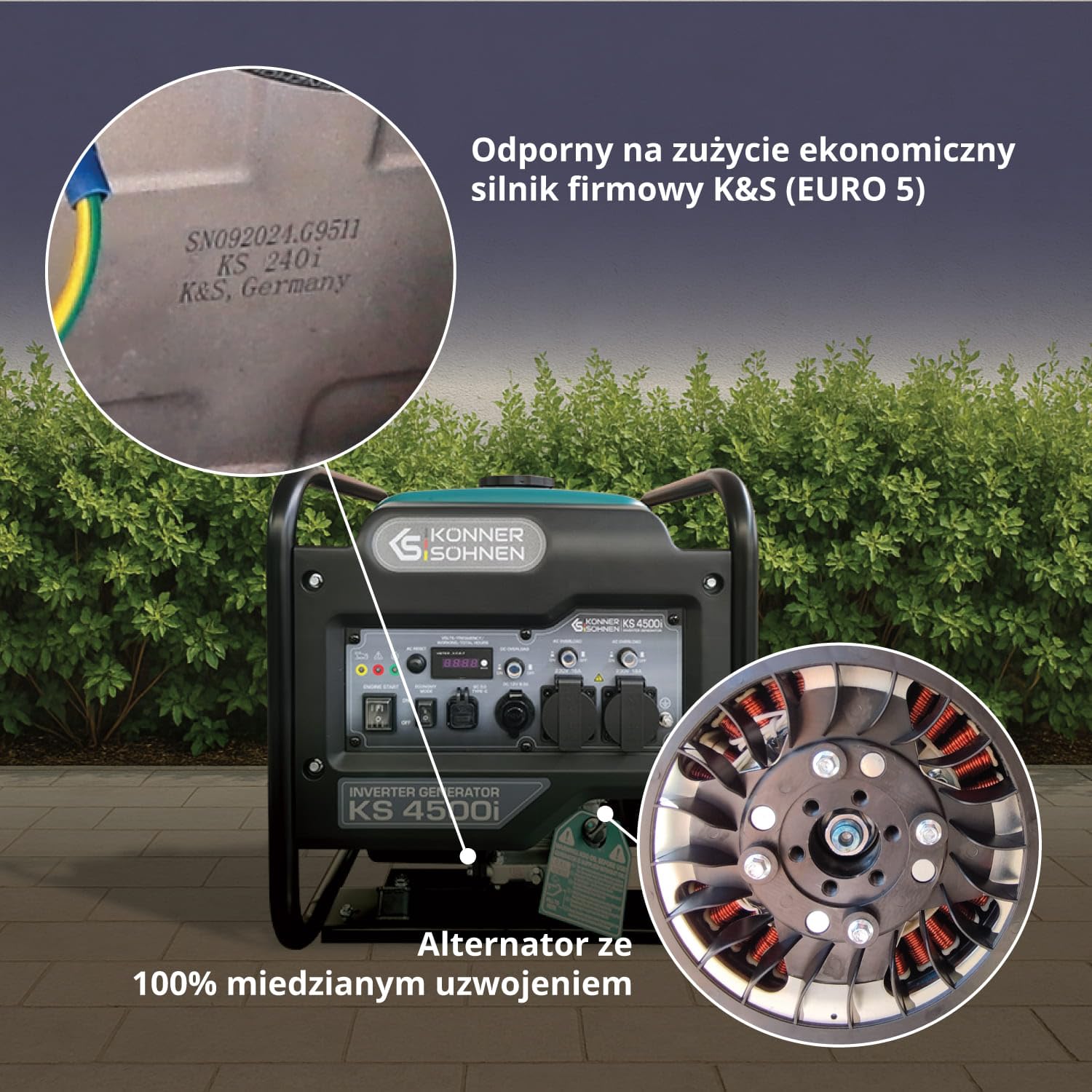 K&S Könner&Söhnen KS 4500i Inwerter, generator benzynowy, maks. moc 4500 W, USB QC 3.0, typ C, tryb ekologiczny, wyświetlacz LED, 4-suwowy, 12 V, 2 x gniazda 230 V, Könner & Söhnen
