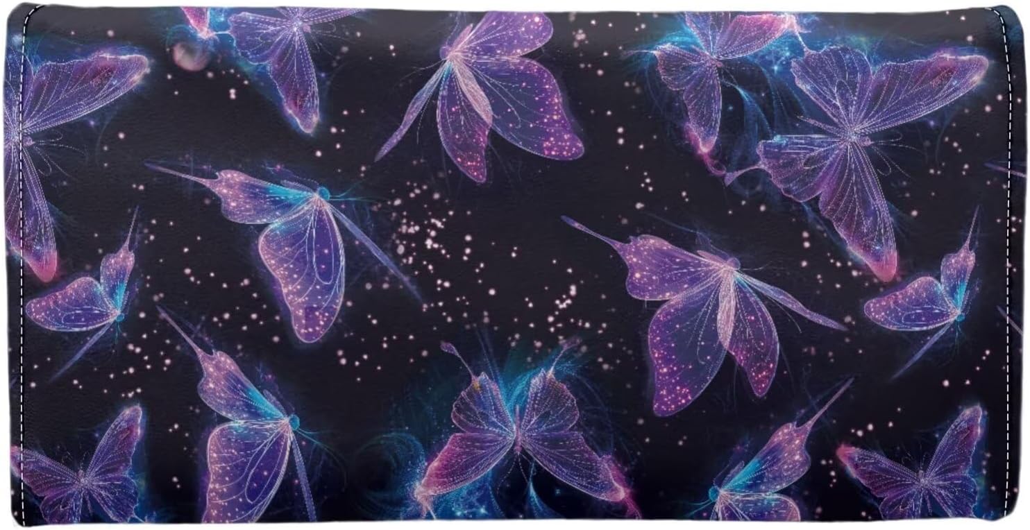 AFPANQZ Galaxy Butterfly Womens Wallets, Leather Trifold Multi Card Holder Slots Wallet, Elegant Clutch Long Purse for Women Ladies Travel Purses with Phone Holder Zip Coin Pocket, Purple Black - Image 2