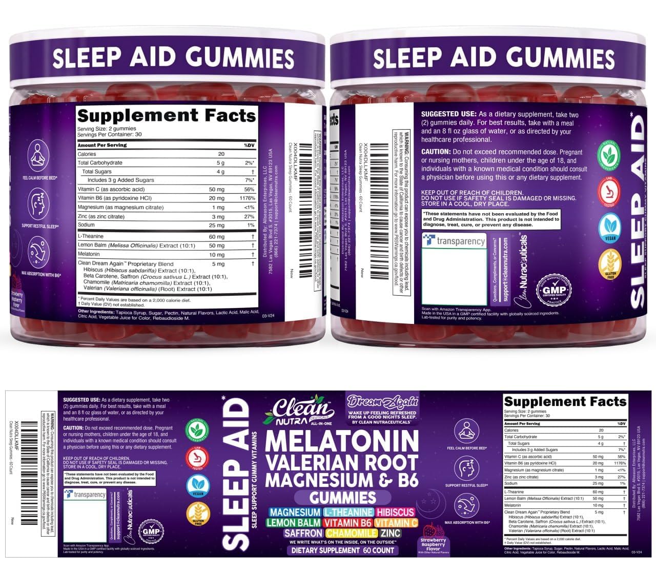 Clean Nutra Melatonin Gummies 10mg | Sleep Aid Valerian Root L-Theanine Vitamin B6 C Lemon Balm Magnesium Hibiscus Beta Carotene Saffron & Chamomile Rest Support Supplement Raspberry Flavor — Amazon image 5