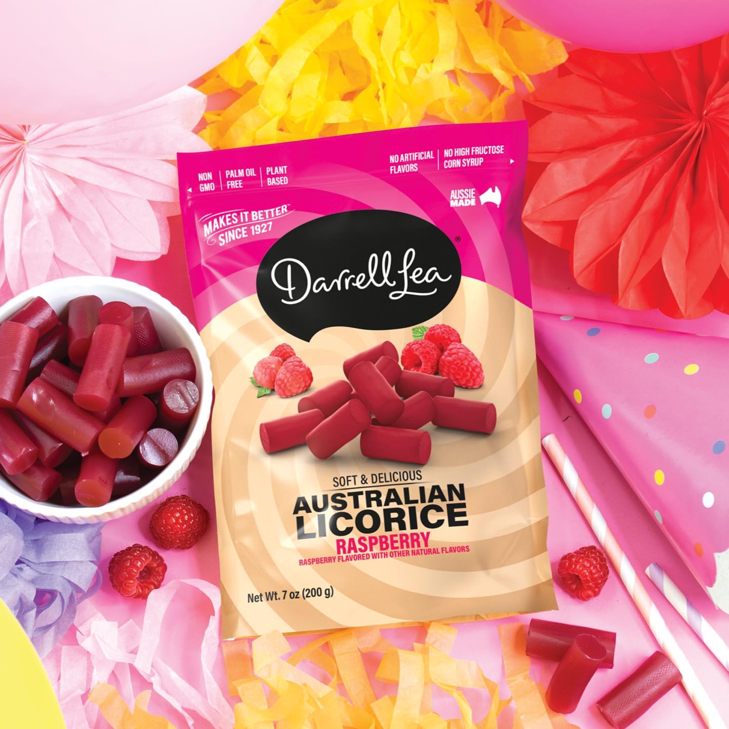 Darrell Lea Soft Australian Licorice, Non-GMO, No Palm Oil, Plant Based, No High Fructose Corn Syrup, Soft & Chewy Licorice Candy, Made in Australia, Raspberry (7 Ounce (Pack of 8))