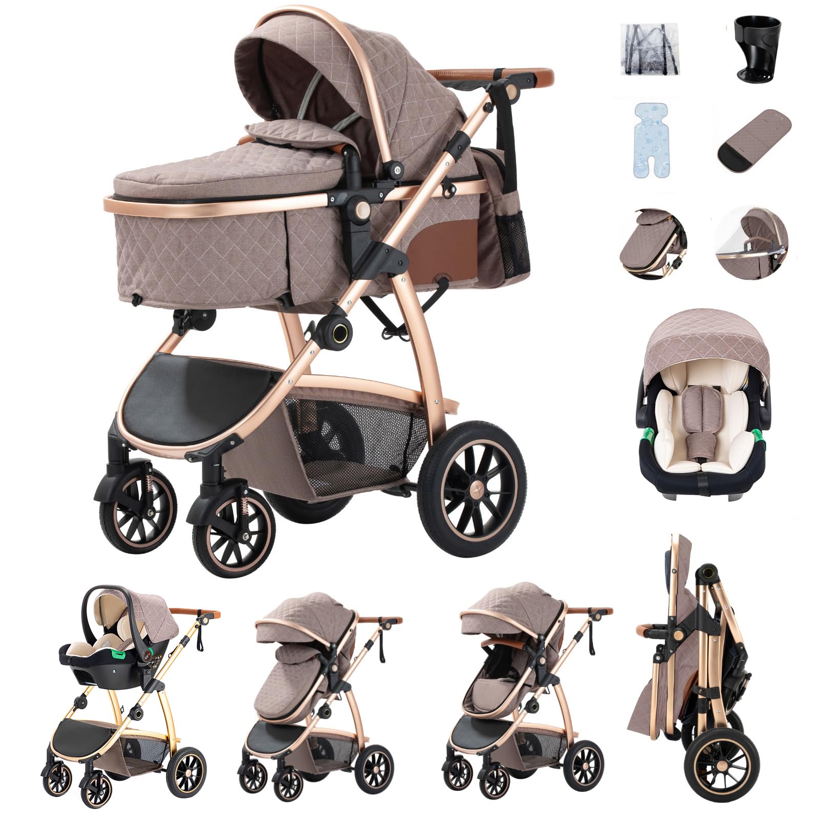 Zkiprm 3 in 1 Kinderwagen, Reisesystem, Buggy & Sportsitz, Höhenverstellbare Armlehnen und Kinderwagen mit Aluminiumgestell/Mumientasche/Moskitonetz/Baumwollmatte, für Neugeborene 0-4 Jahre