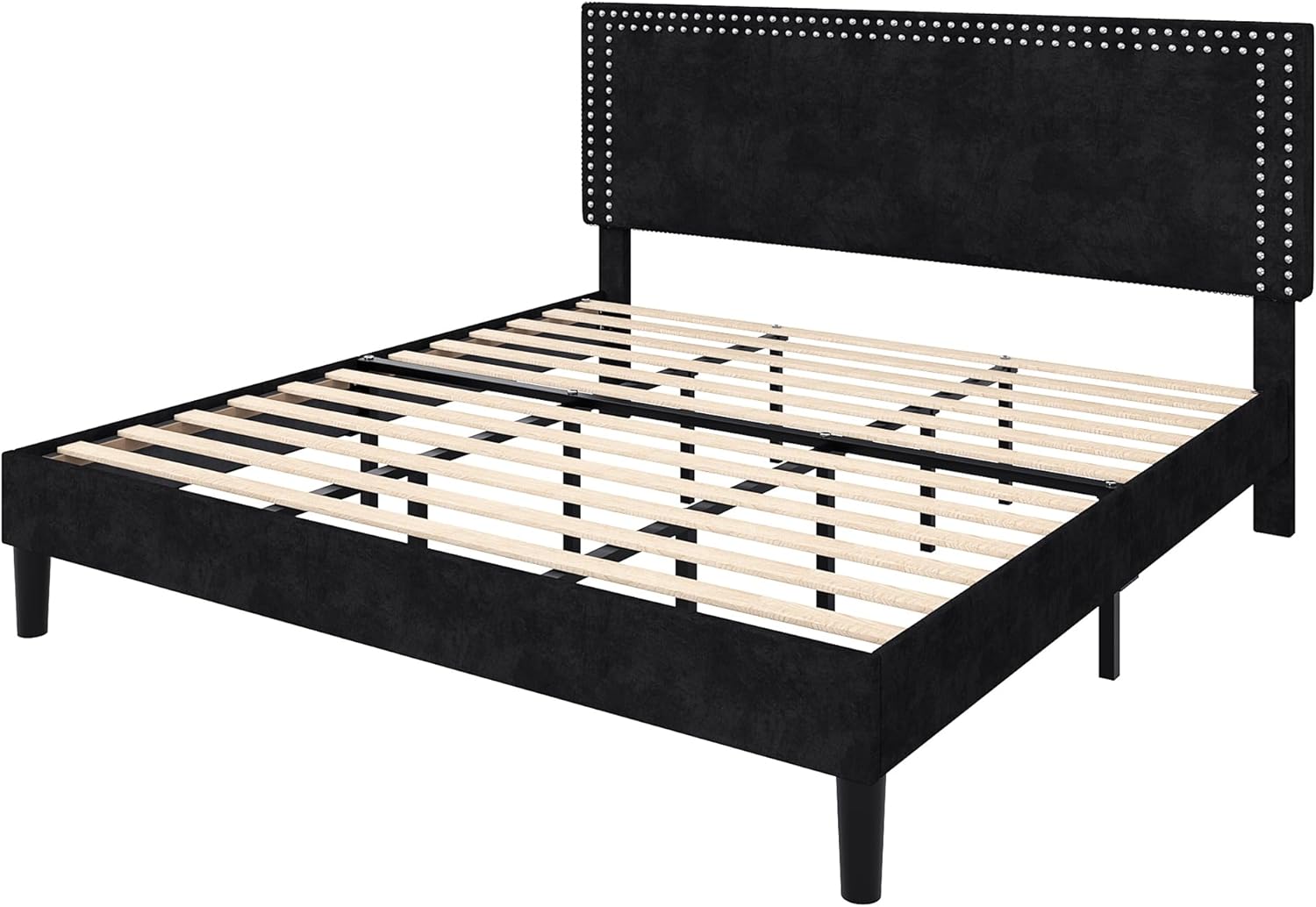 VECELO King Bed Frame with Rivet-Tufted Headboard & Footboard, Upholstered Platform Bed with Wood Slats Support, No Box Spring Needed, Noise-Free, Easy Assembly