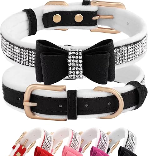 Beirui Collar de terciopelo cálido acolchado con diamantes de imitación  Collar de perro con diamantes de cristal completo con corbatín  Collares de