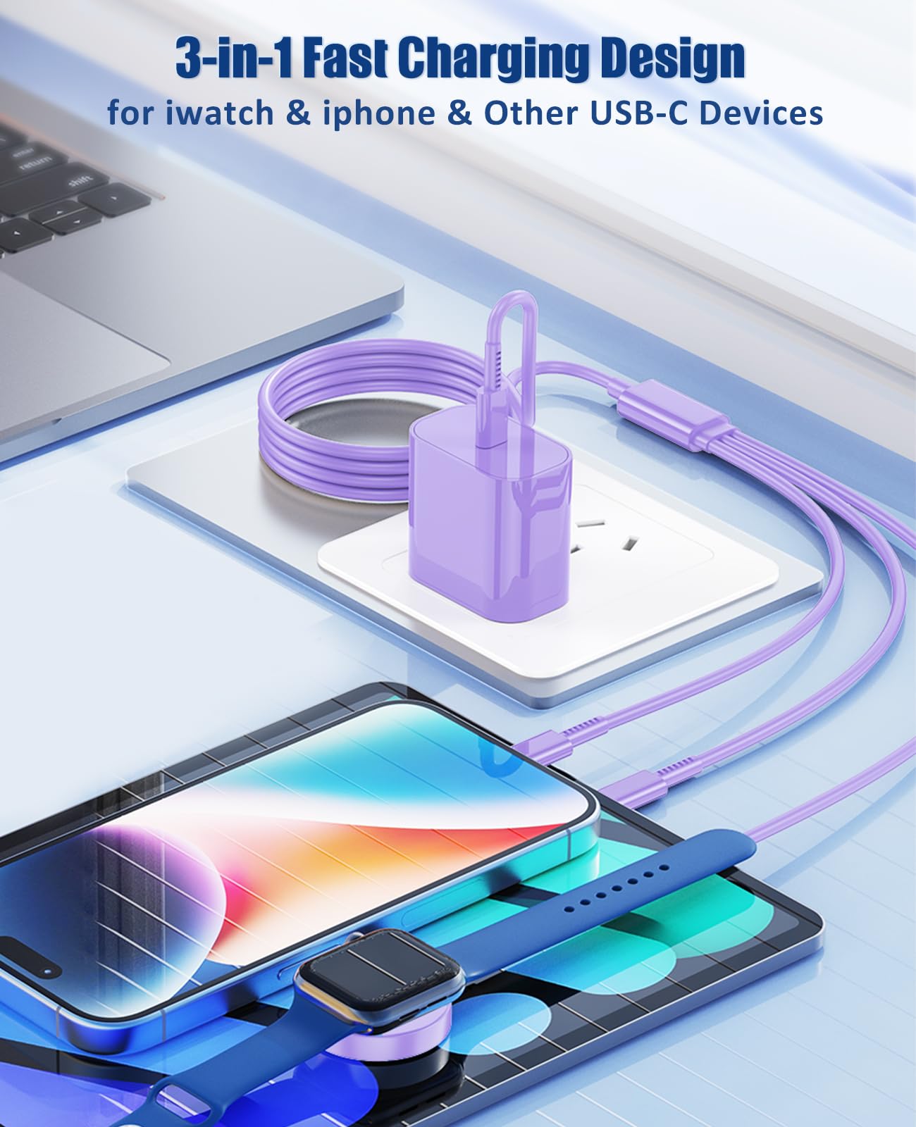 for Apple Watch Charger Fast Charging,3 in 1 Multi Chargers Cable with 20W USB C Charger, iWatch Charger Cord 6FT for iWatch Series Ultra2/SE/10/9/8/7/6/5/4/3/iPhone 15 16 Pro Max/14/13/12/11(Purple)