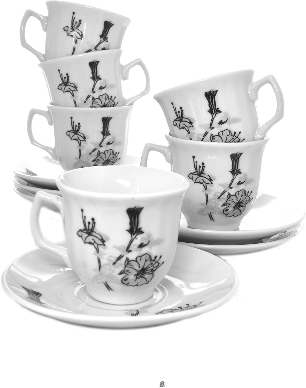 Buy 1 get 1 Set 6 Silver Hibiscus Flower Porcelain Demitasse Espresso Ribbed Cups & Saucers