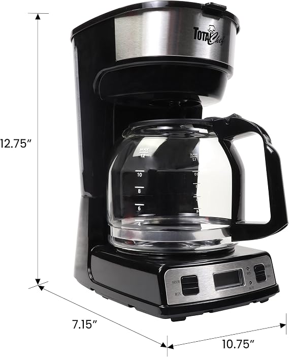Koolatron Total Chef 12 Cup Coffee Maker, Programmable Drip Coffee Machine, Glass Carafe, Reusable Basket Filter, Black and Silver