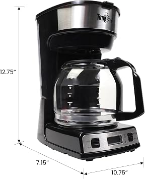 Koolatron Total Chef 12 Cup Coffee Maker, Programmable Drip Coffee Machine, Glass Carafe, Reusable Basket Filter, Black and Silver