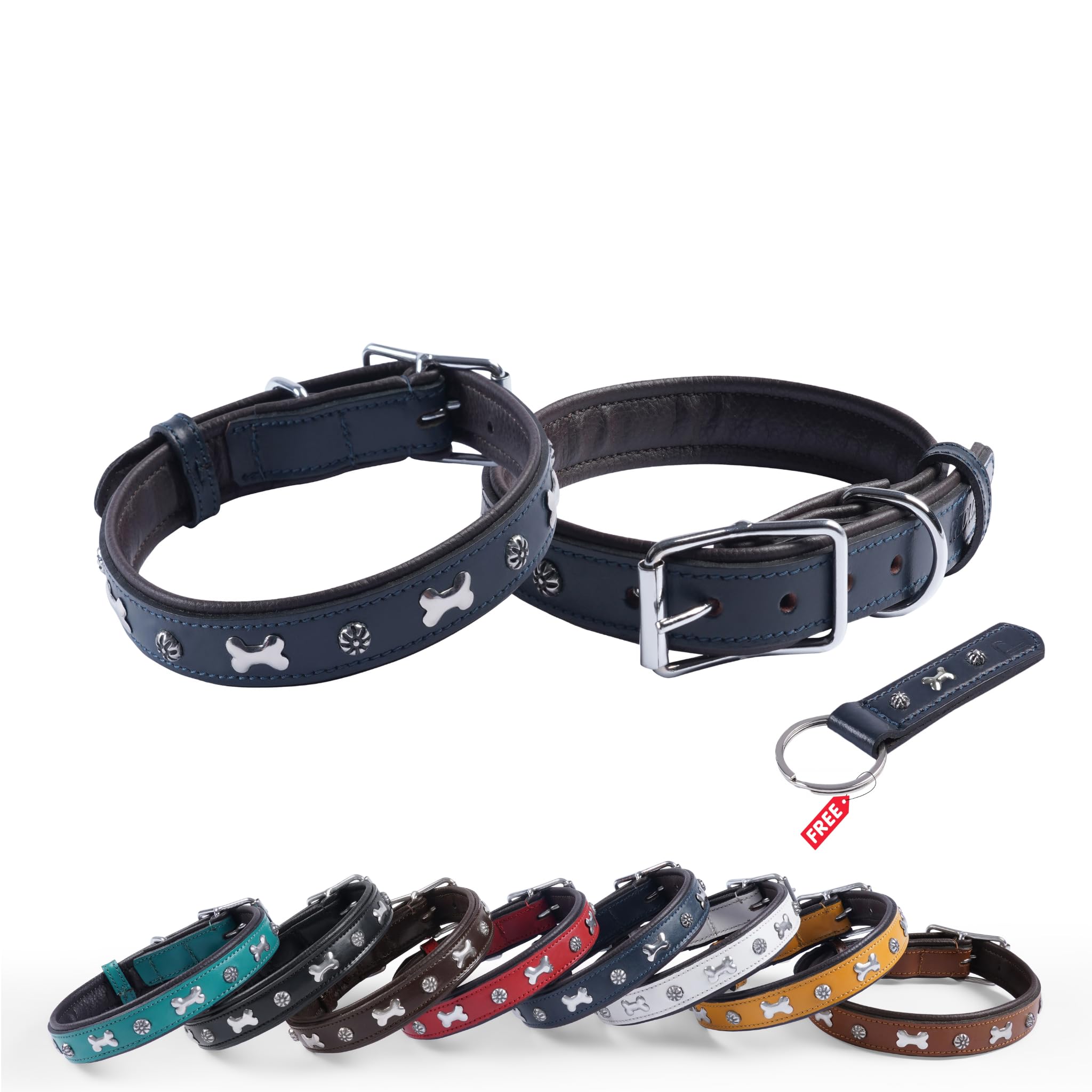 REDLUXE Genuine Leather Dog Collar with Bone Stud Design, Soft Padded Adjustable Pet Collar for Small, Medium & Large Dogs, Heavy Duty Metal Buckle & D-Ring,Free Matching Keyring (BLUE, XL)