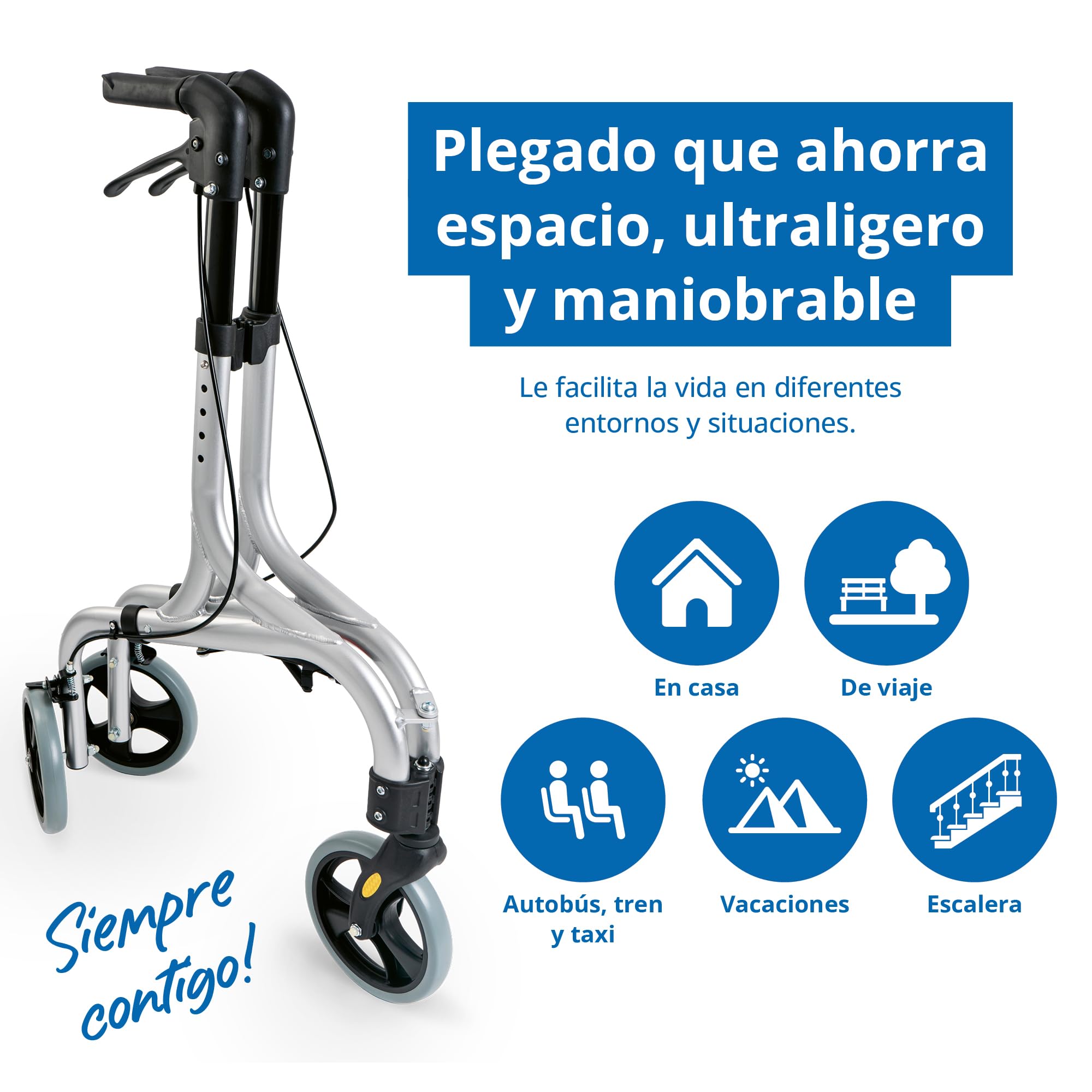 WEINBERGER faltbarer, klappbarer Aluminium Rollator mit 3 Rädern und Tasche, schmal, leicht und wendig, nur 4,2 kg, Farbe: Silber-Schwarz, Modell: 02217