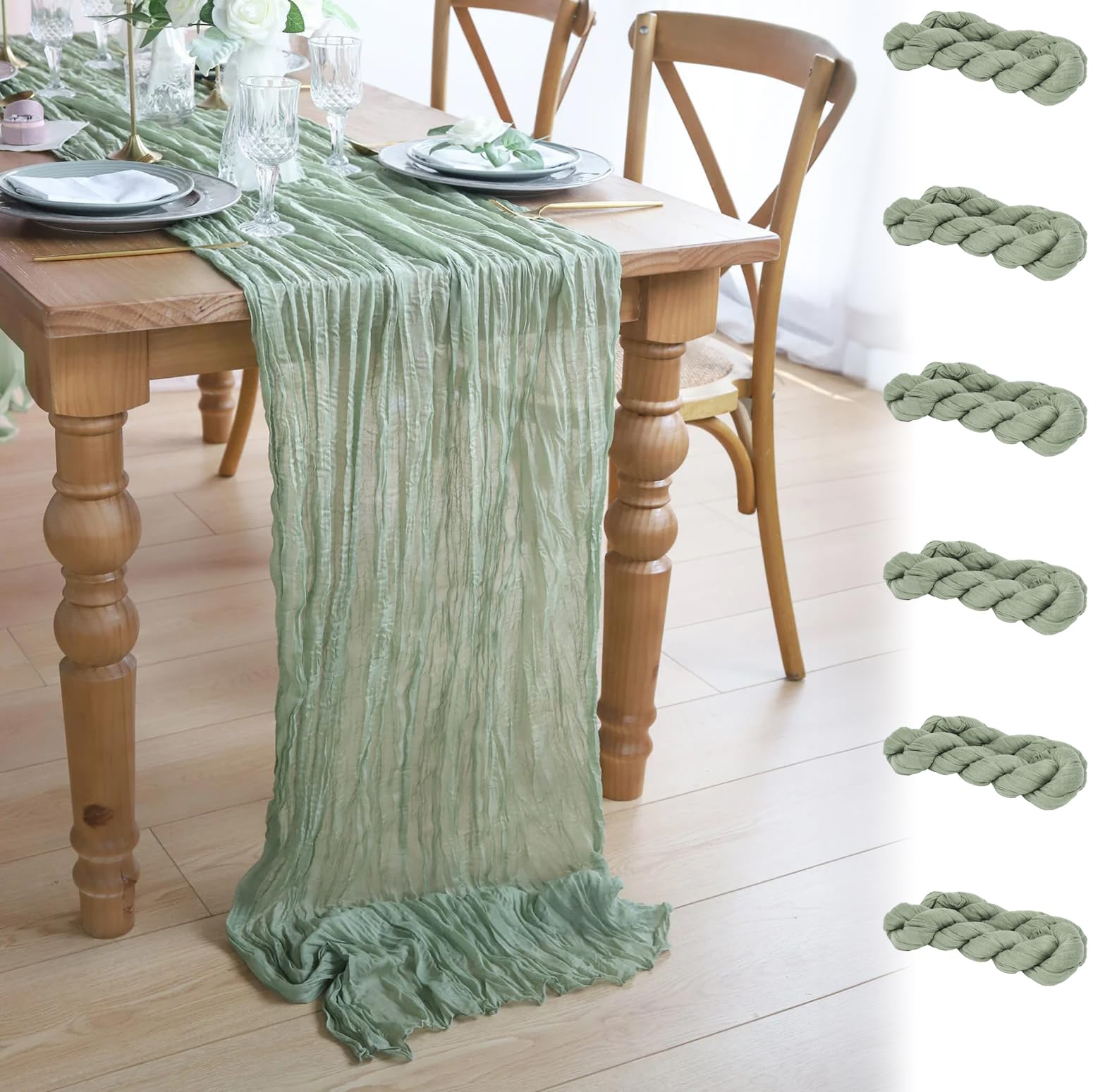 6 Pack 10Ft Sage Green Cheesecloth Table Runner 35x120 Inch Gauze Table Runner Rustic Table Runner Long Table Runner for Wedding Decor Gender Reveal Decor Wedding Decorations Tea Party Decorations