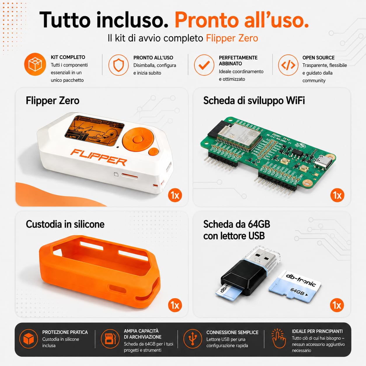 Flipper Zero Starter Set completo | Flipper Zero | Scheda WiFi | Custodia in silicone | Scheda di memoria da 64 GB | Lettore di schede USB
