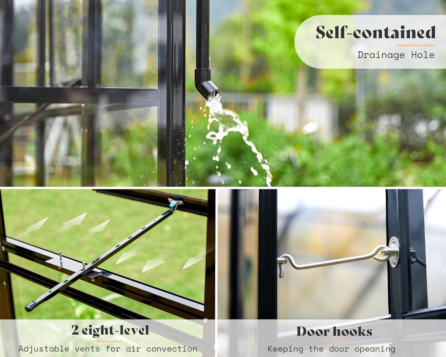 Greenhouse drainage, vents, and door hooks