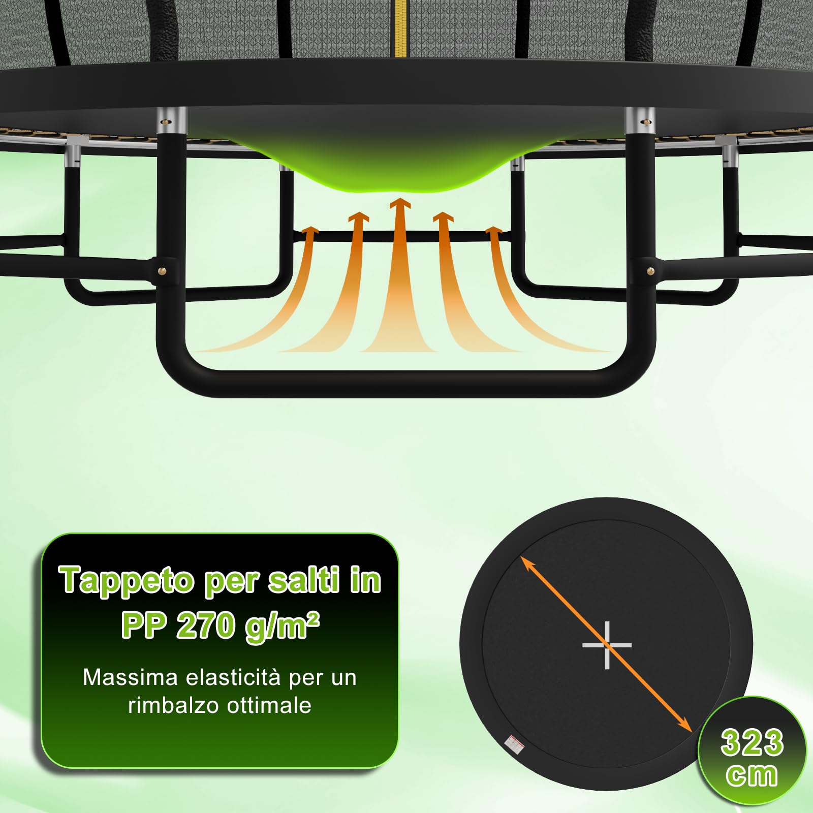Devoko Trampolino Esterno Ø228/305/366/427cm, Traverse gambe rinforzate, Struttura stabile e resistente. Portata 160kg, Costruzione monoblocco, Montaggio rapido. Adatto a bambini e adulti.