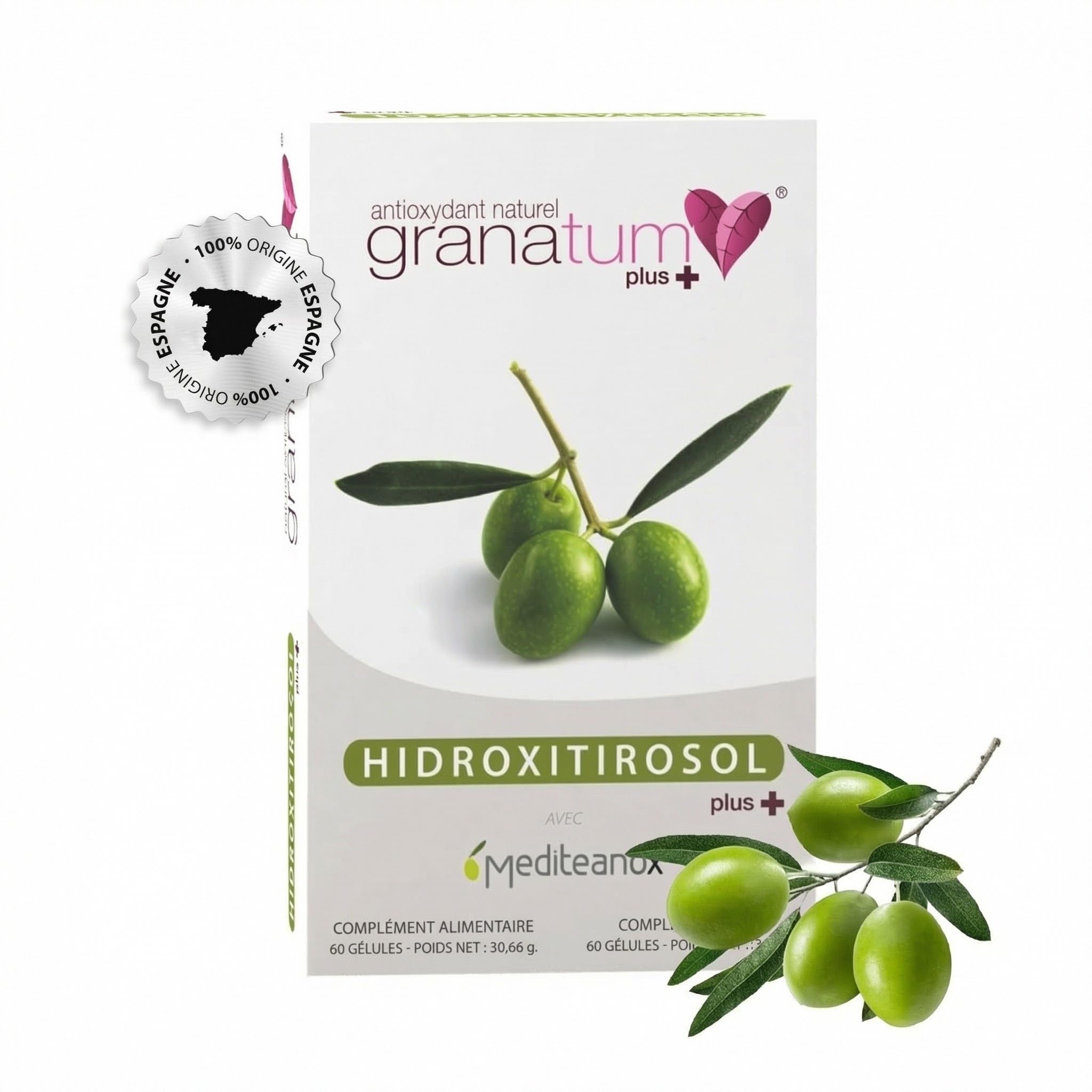 Granatum Plus | Extrait de Olive | Extrait de feuille d'olivier | Extrait de feuilles d'olivier | Hydroxytyrosol Plus | Complément alimentaire | Polyphénols naturels | (1 Boîte de 60 Gélules)